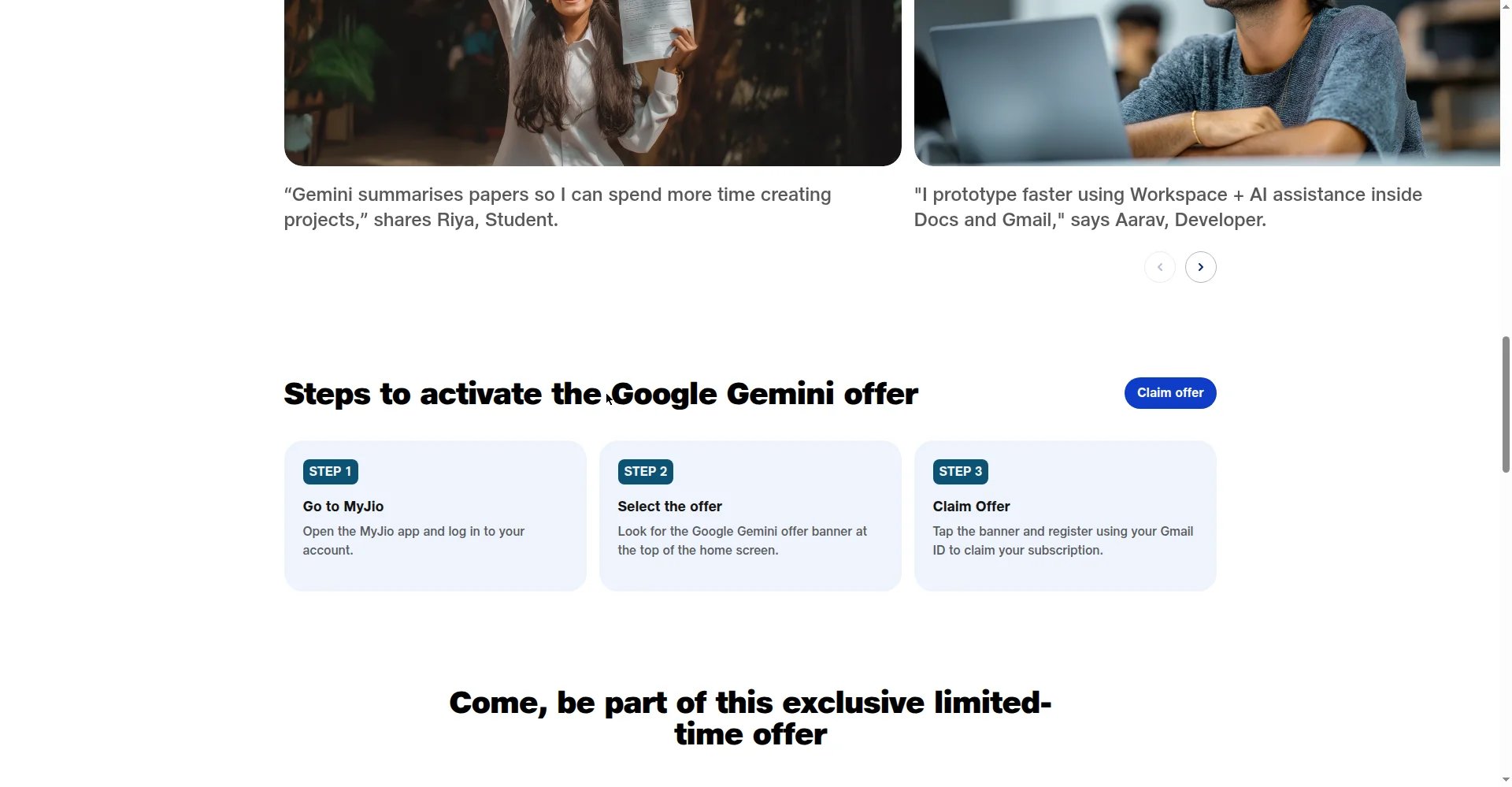 Official claim steps for the Jio Google AI Pro free offer: MyJio app, select offer, claim with Gmail ID