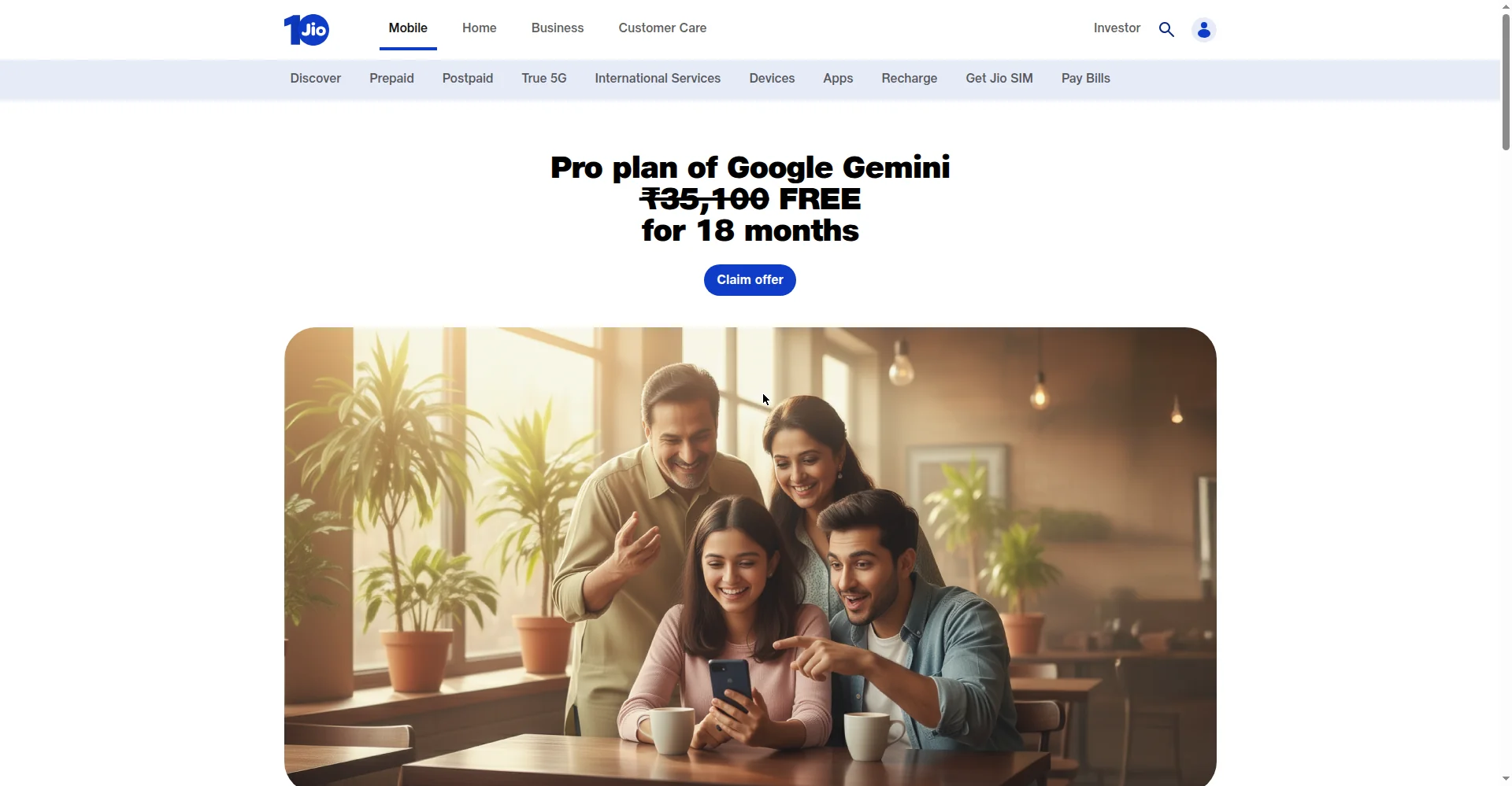 Official Jio page showing the free 18-month Google AI Pro (Gemini) offer worth ₹35,100