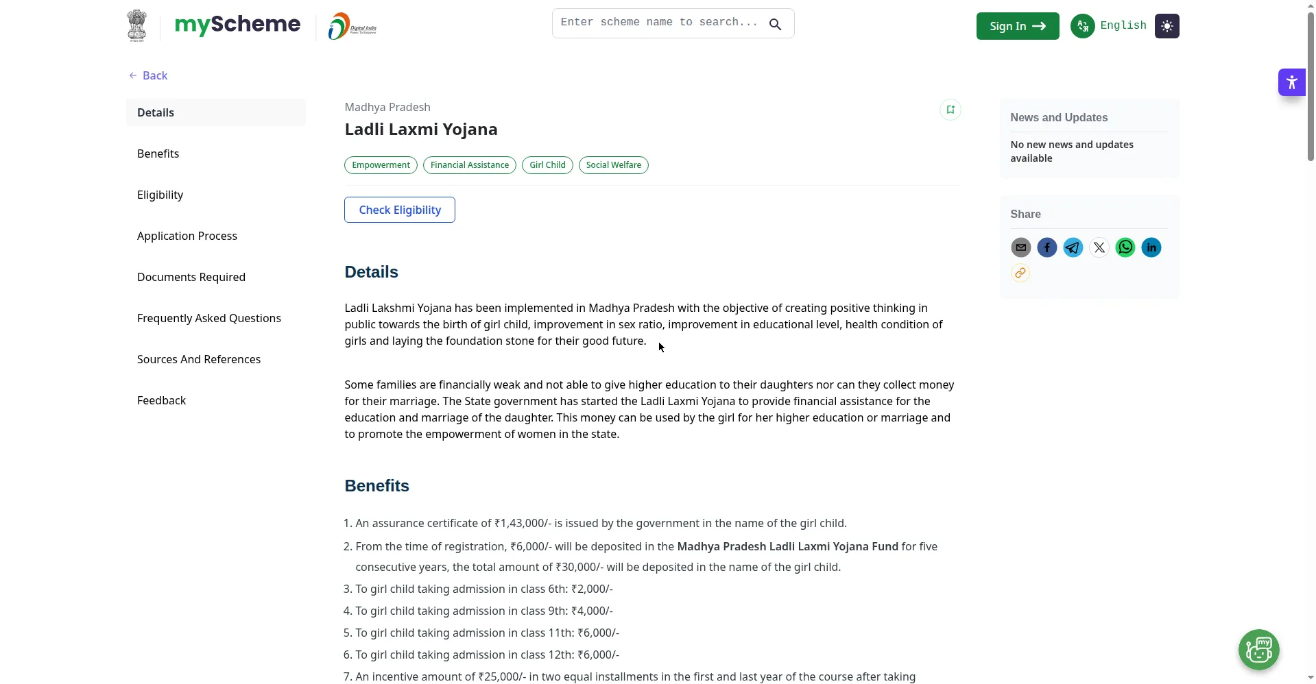 Ladli Lakshmi Yojana - myScheme.gov.in official scheme details