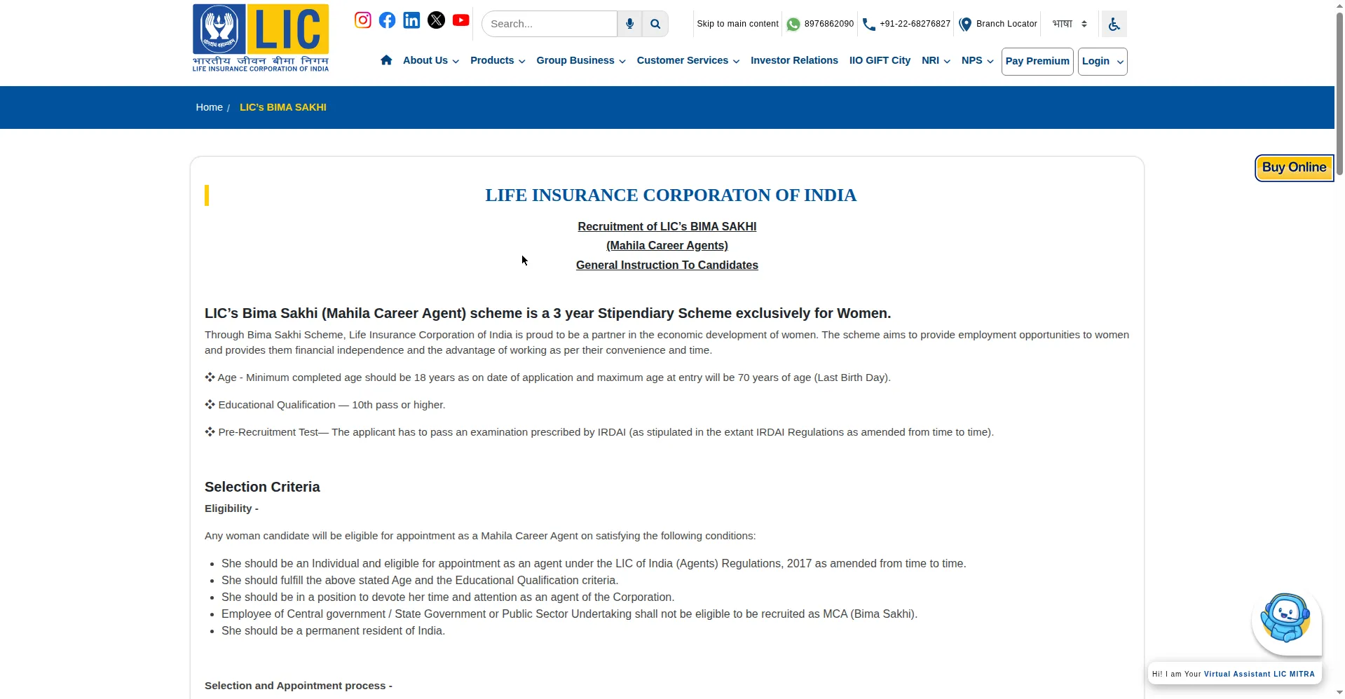 LIC Bima Sakhi Yojana official page on licindia.in