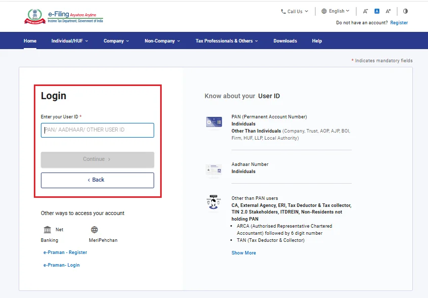 Login page of the Income Tax e-filing portal where taxpayers choose between new vs old tax regime while filing ITR
