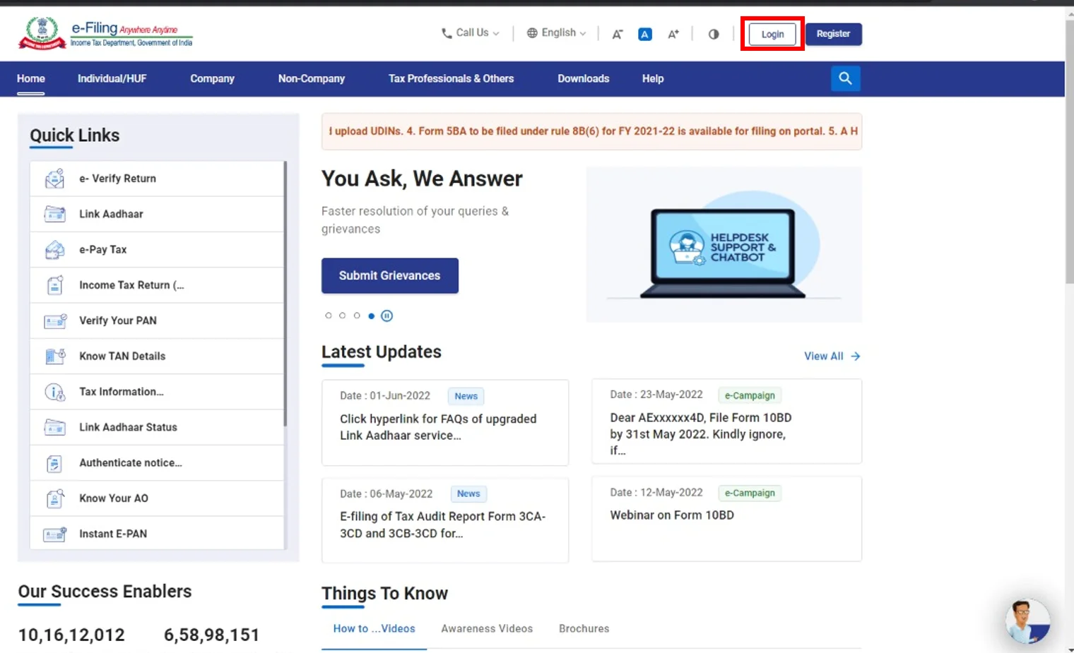 Income Tax Department e-filing portal homepage where you can access the tax estimator to compare new vs old tax regime