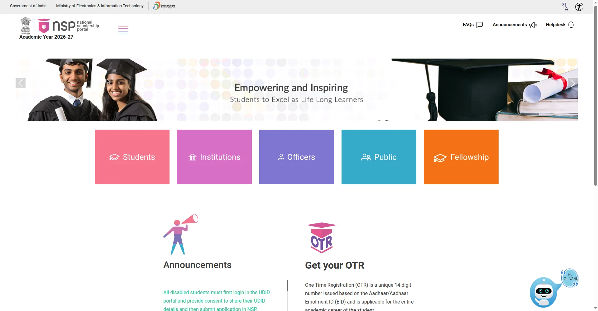 National Scholarship Portal homepage - labour welfare scholarship 2026