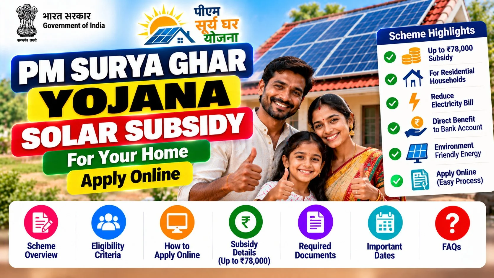 PM Surya Ghar Yojana 2026: ₹78,000 Solar Subsidy, Apply Online