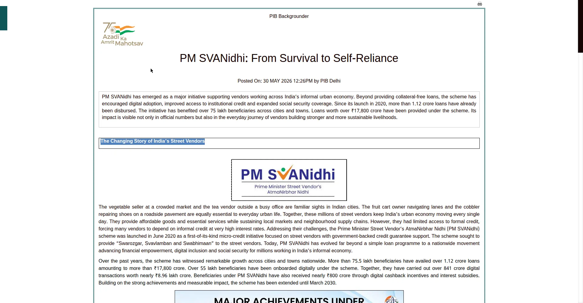 PM SVANidhi Yojana - PIB press release about street vendor scheme