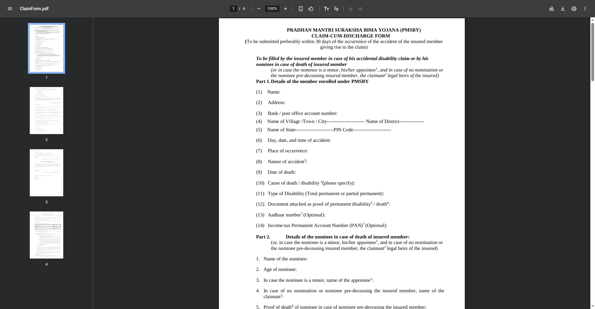 PMJJBY claim cum discharge form