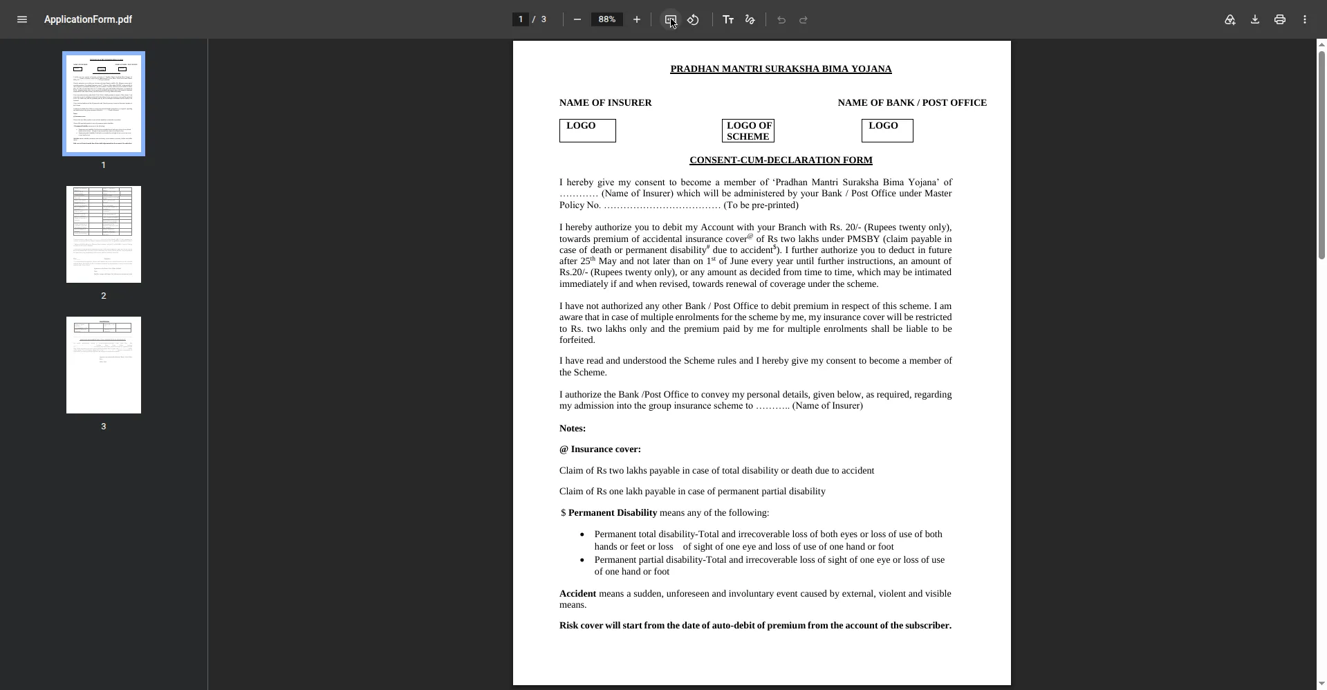PMJJBY consent cum declaration enrolment form
