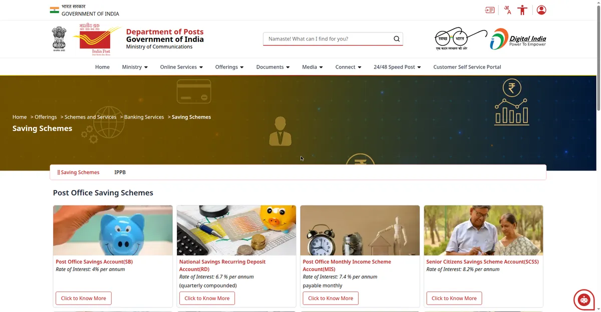 India Post small savings schemes page on indiapost.gov.in