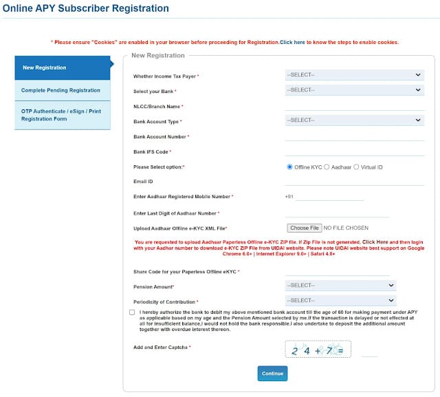Online APY subscriber registration form on NSDL website showing fields for bank account, Aadhaar and pension amount selection